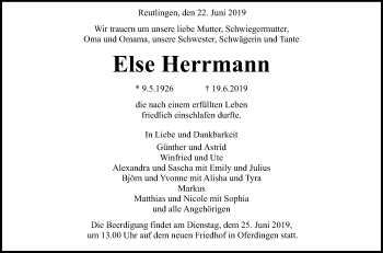 Anzeige von Else Herrmann von Reutlinger General-Anzeiger
