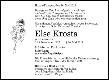 Anzeige von Else Krosta von Reutlinger General-Anzeiger