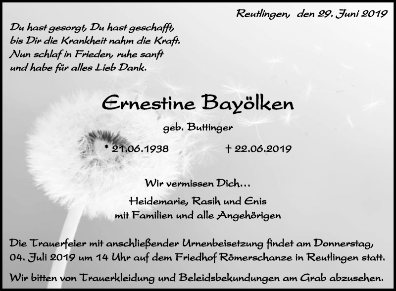  Traueranzeige für Ernestine Bayölken vom 29.06.2019 aus Reutlinger General-Anzeiger