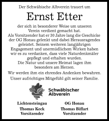 Anzeige von Ernst Etter von Reutlinger General-Anzeiger