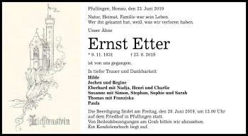 Anzeige von Ernst Etter von Reutlinger General-Anzeiger