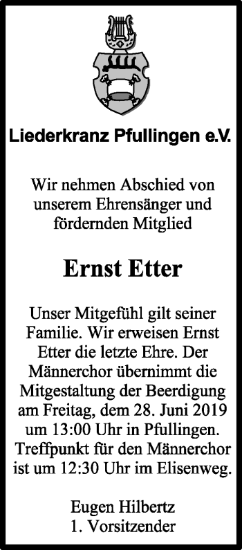 Anzeige von Ernst Etter von Reutlinger General-Anzeiger