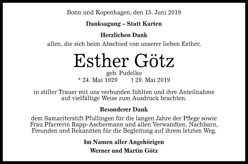 Traueranzeige für Esther Götz vom 15.06.2019 aus Reutlinger General-Anzeiger