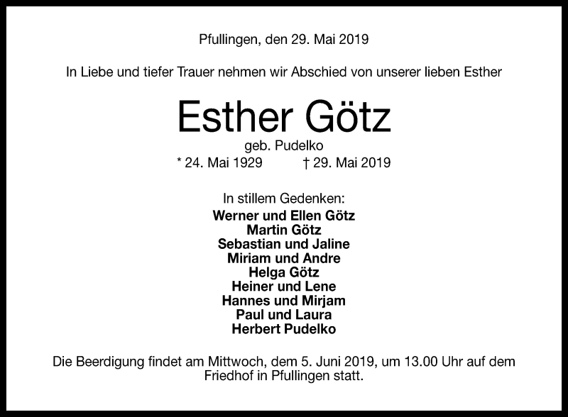 Traueranzeige für Esther Götz vom 03.06.2019 aus Reutlinger General-Anzeiger