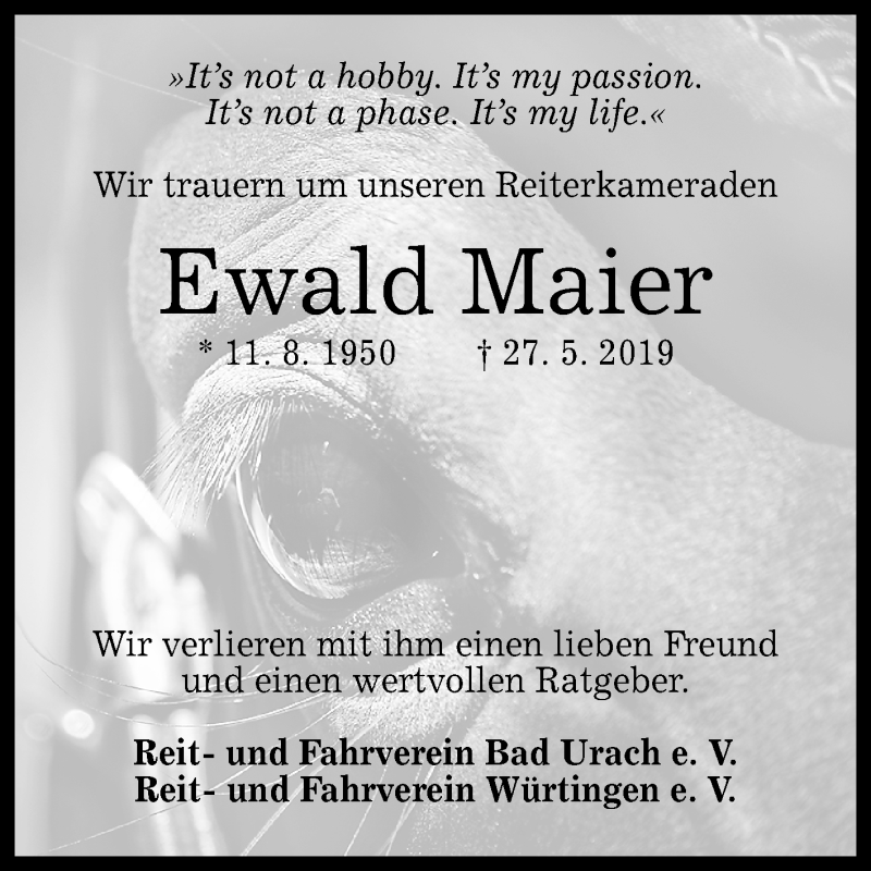  Traueranzeige für Ewald Maier vom 04.06.2019 aus Reutlinger General-Anzeiger