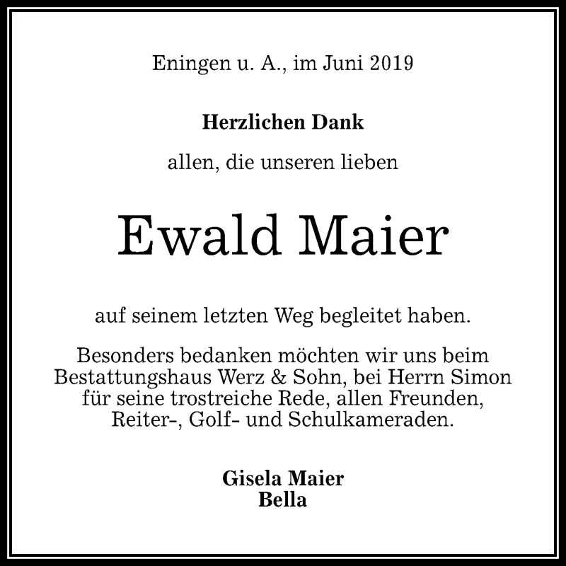  Traueranzeige für Ewald Maier vom 13.06.2019 aus Reutlinger General-Anzeiger