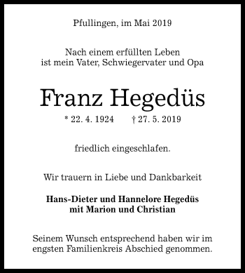 Anzeige von Franz Hegedüs von Reutlinger General-Anzeiger