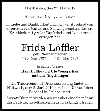 Anzeige von Frida Löffler von Reutlinger General-Anzeiger