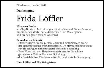 Anzeige von Frida Löffler von Reutlinger General-Anzeiger