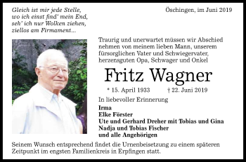 Anzeige von Fritz Wagner von Reutlinger General-Anzeiger