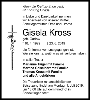 Anzeige von Gisela Kross von Reutlinger General-Anzeiger
