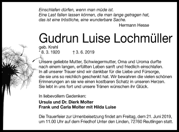 Anzeige von Gudrun Luise Lochmüller von Reutlinger General-Anzeiger