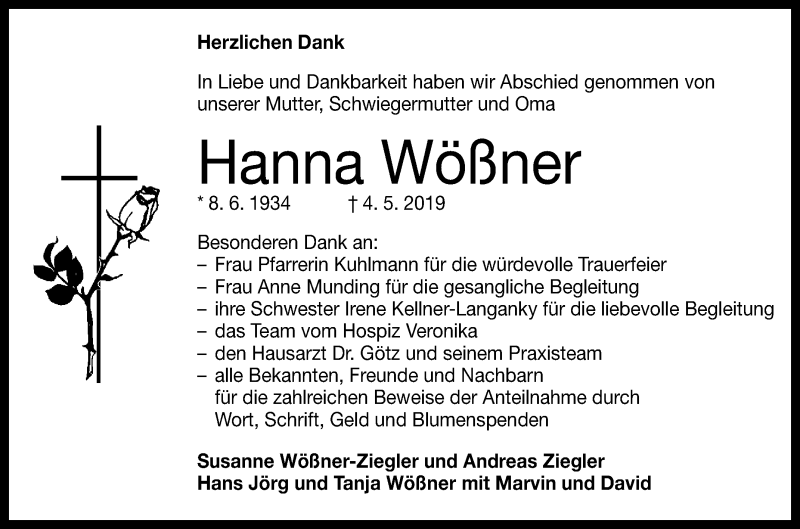  Traueranzeige für Hanna Wößner vom 01.06.2019 aus Reutlinger General-Anzeiger