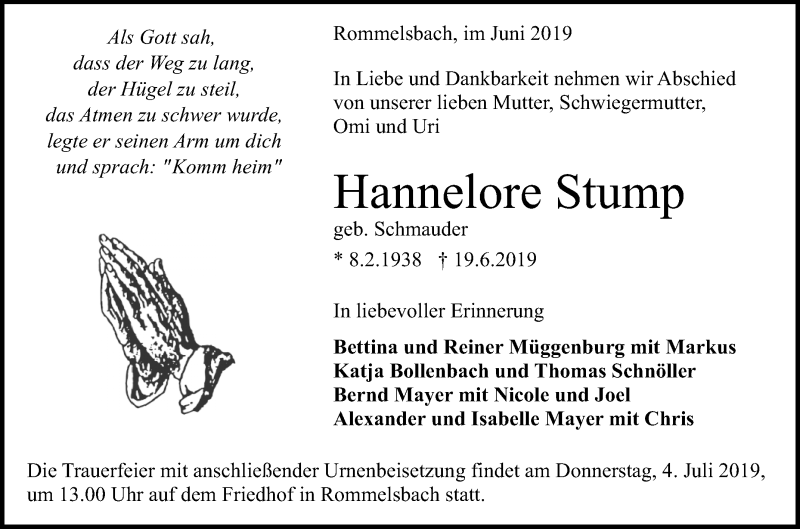  Traueranzeige für Hannelore Stump vom 24.06.2019 aus Reutlinger General-Anzeiger
