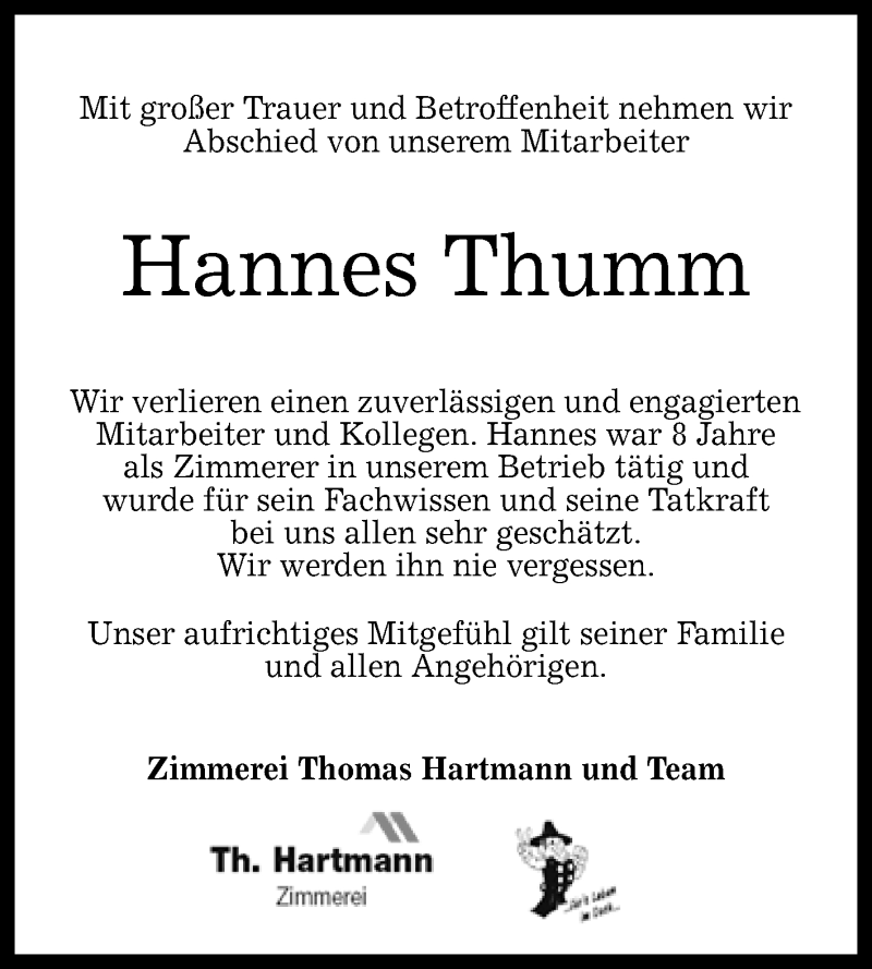  Traueranzeige für Hannes Thumm vom 08.06.2019 aus Reutlinger General-Anzeiger