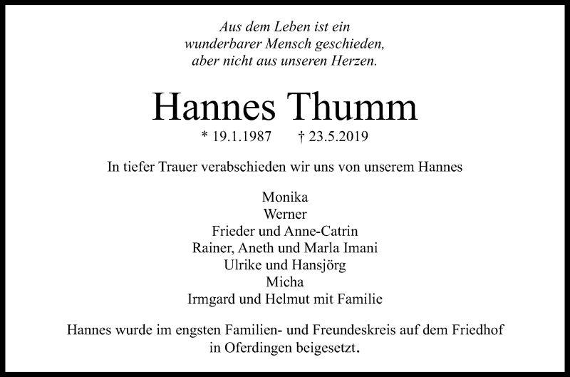  Traueranzeige für Hannes Thumm vom 07.06.2019 aus Reutlinger General-Anzeiger