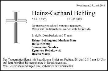 Anzeige von Heinz-Gerhard Behling von Reutlinger General-Anzeiger