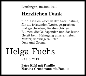 Anzeige von Helga Fuchs von Reutlinger General-Anzeiger