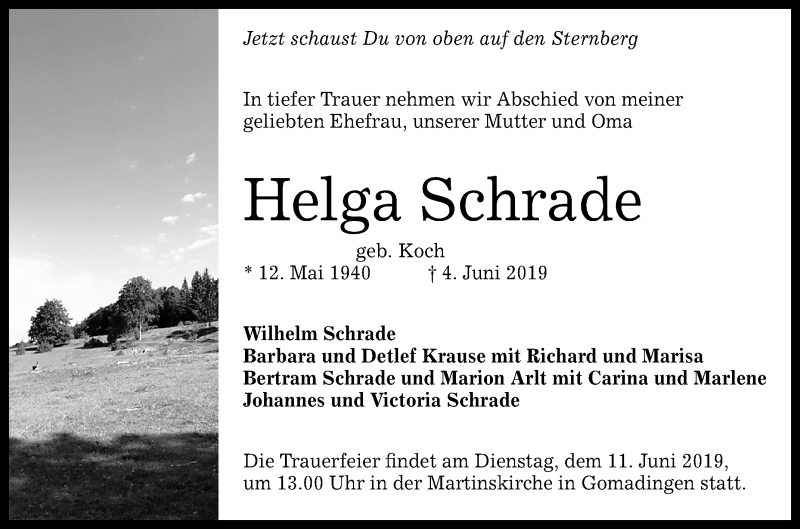  Traueranzeige für Helga Schrade vom 07.06.2019 aus Reutlinger General-Anzeiger