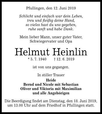 Anzeige von Helmut Heinlin von Reutlinger General-Anzeiger