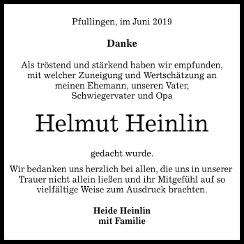 Anzeige von Helmut Heinlin von Reutlinger General-Anzeiger