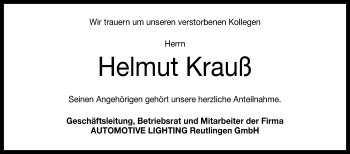Anzeige von Helmut Krauß von Reutlinger General-Anzeiger