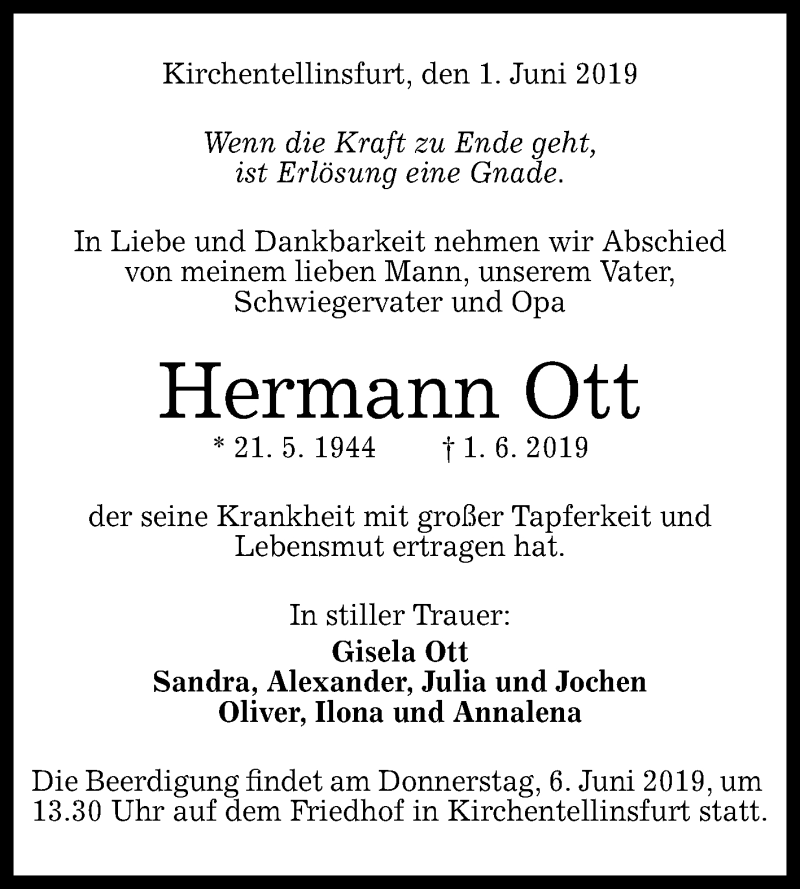  Traueranzeige für Hermann Ott vom 04.06.2019 aus Reutlinger General-Anzeiger