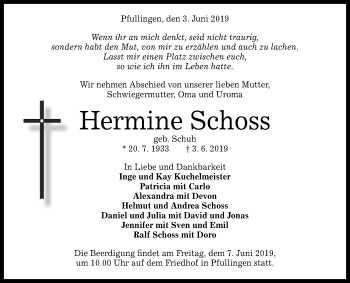 Anzeige von Hermine Schoss von Reutlinger General-Anzeiger