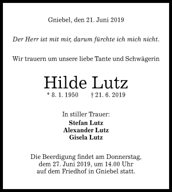 Anzeige von Hilde Lutz von Reutlinger General-Anzeiger