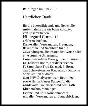Anzeige von Hildegard Conzatti von Reutlinger General-Anzeiger