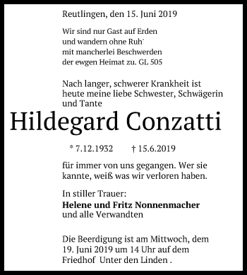 Anzeige von Hildegard Conzatti von Reutlinger General-Anzeiger