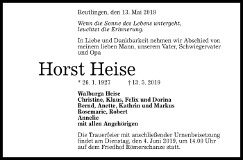 Anzeige von Horst Heise von Reutlinger General-Anzeiger