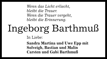 Anzeige von Ingeborg Barthmuß von Reutlinger General-Anzeiger