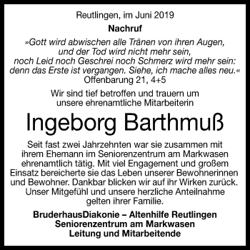 Anzeige von Ingeborg Barthmuß von Reutlinger General-Anzeiger