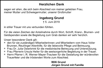 Anzeige von Ingeborg Grund von Reutlinger General-Anzeiger