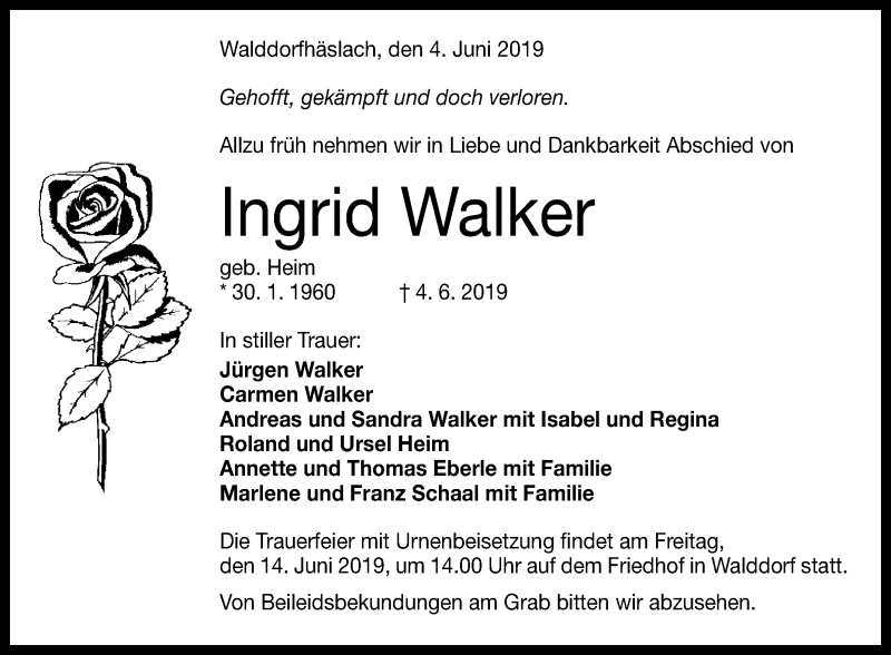  Traueranzeige für Ingrid Walker vom 08.06.2019 aus Reutlinger General-Anzeiger