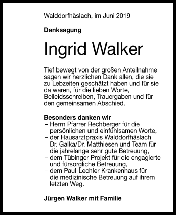 Anzeige von Ingrid Walker von Reutlinger General-Anzeiger