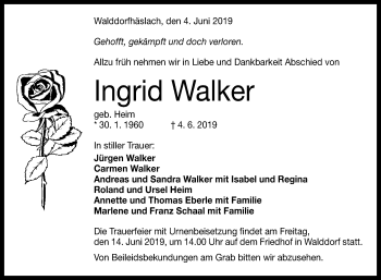 Anzeige von Ingrid Walker von Reutlinger General-Anzeiger