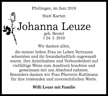 Anzeige von Johanna Leuze von Reutlinger General-Anzeiger