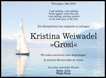 Anzeige von Kristina Weiwadel von Reutlinger General-Anzeiger