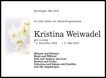 Anzeige von Kristina Weiwadel von Reutlinger General-Anzeiger