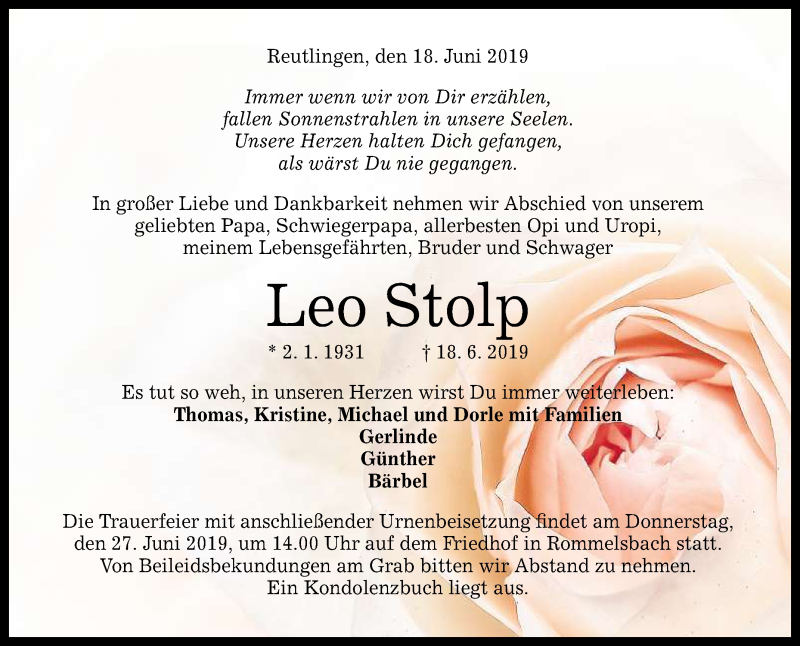  Traueranzeige für Leo Stolp vom 24.06.2019 aus Reutlinger General-Anzeiger