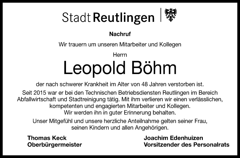  Traueranzeige für Leopold Böhm vom 25.06.2019 aus Reutlinger General-Anzeiger