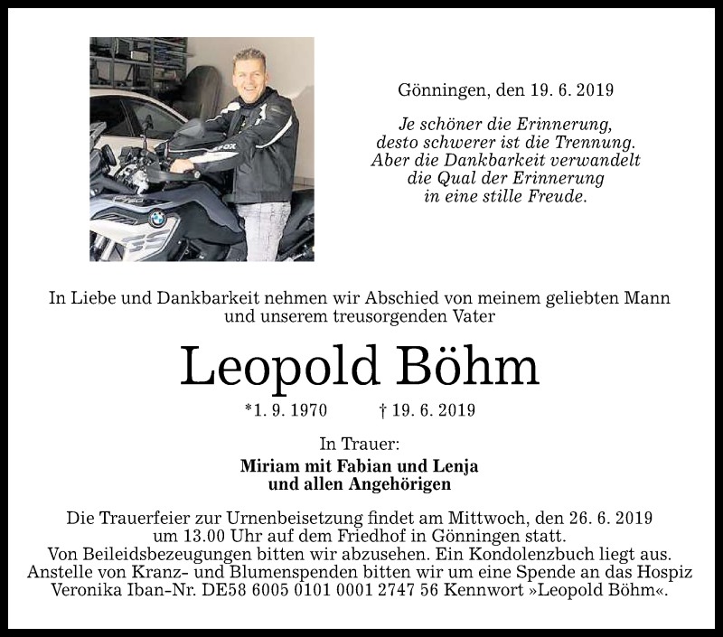  Traueranzeige für Leopold Böhm vom 22.06.2019 aus Reutlinger General-Anzeiger
