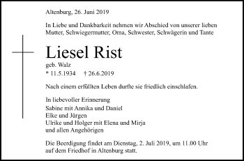 Anzeige von Liesel Rist von Reutlinger General-Anzeiger