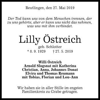 Anzeige von Lilly Östreich von Reutlinger General-Anzeiger