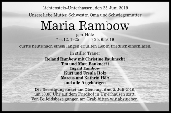 Anzeige von Maria Rambow von Reutlinger General-Anzeiger