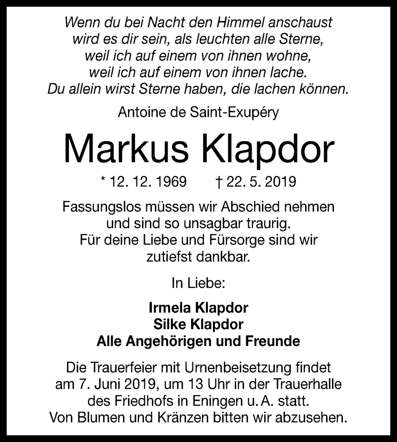  Traueranzeige für Markus Klapdor vom 01.06.2019 aus Reutlinger General-Anzeiger
