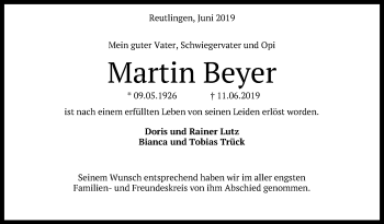 Anzeige von Martin Beyer von Reutlinger General-Anzeiger