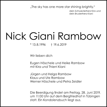 Anzeige von Nick Giani Rambow von Reutlinger General-Anzeiger